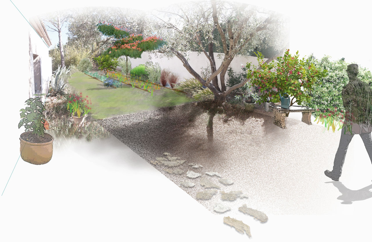 Aménagement paysager à Carnoux avec des plantes et une perspective de jardin conçu par un  paysagiste de Marseille